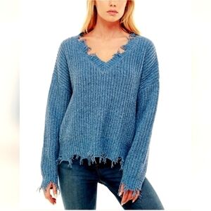 Miracle Distressed Fringe Raw Hem V Neck Oversized Sweater Teal Blue Size M/L